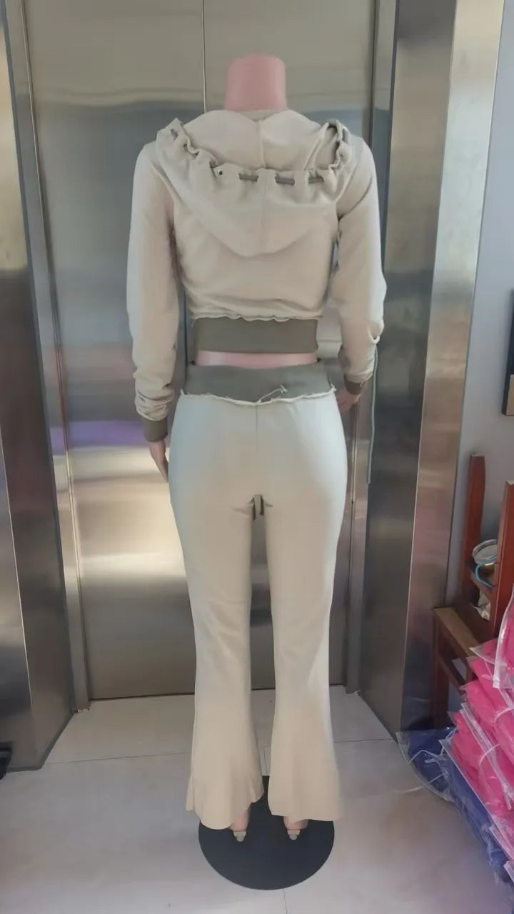 Outfit Da Donna Tre Pezzi Abito Casual Con Spalline Spazzolate E Contrasti Cardigan Con Cappuccio Pantaloni Svasati