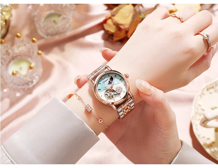Orologio Da Donna Automatico Impermeabile Con Fasi Lunari E Fiori Girevoli Lusso Di Marca Pregiata