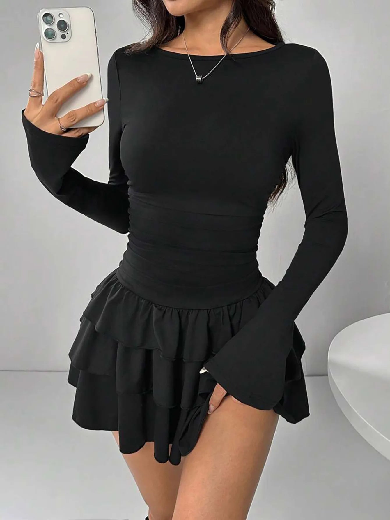 Abito Da Donna Slim Fit Autunno Inverno Midi Vita Alta Empire Tinta Unita Con Increspature E Maniche Svasate