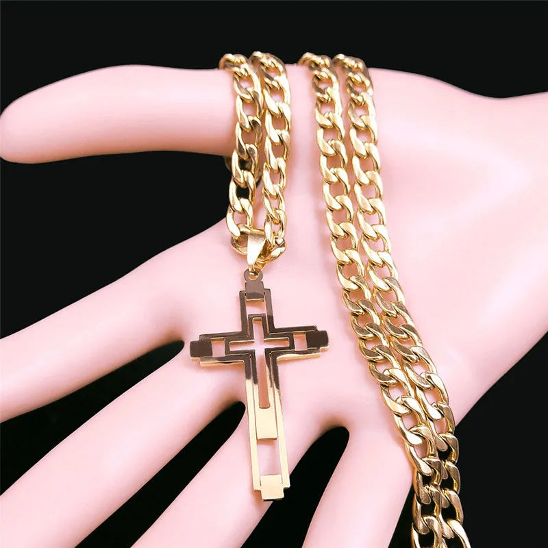 Collana Hip Hop Croce Unisex In Acciaio Inossidabile Con Pendente Lungo Dorato Oro N6055S05