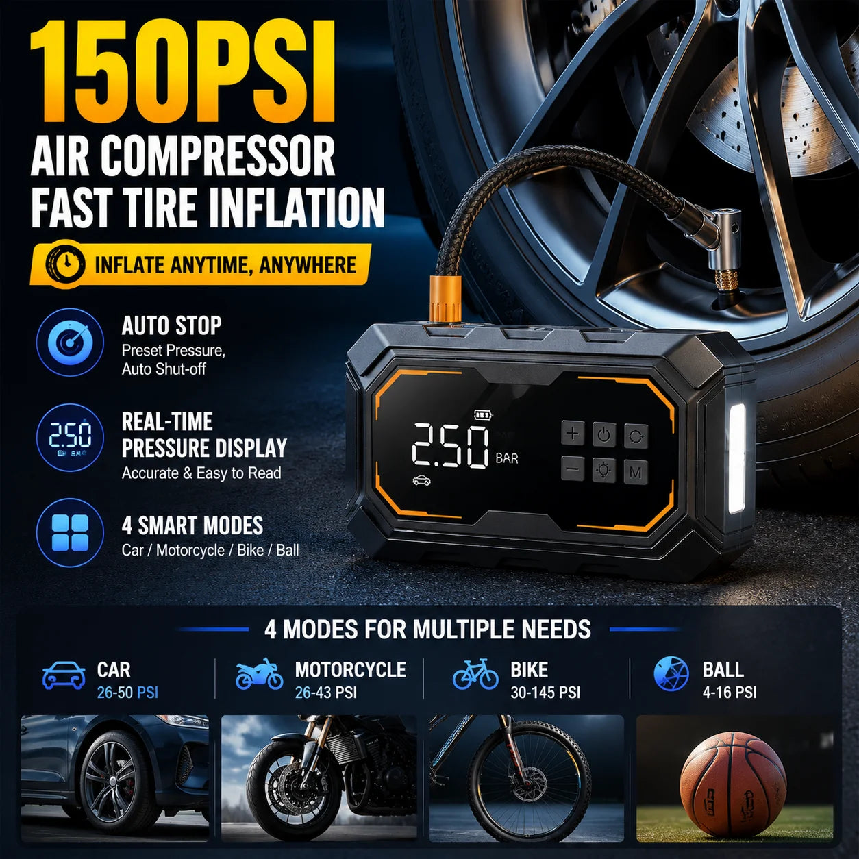 Avviatore Emergenza 4 In 1 Auto Con Compressore 150 PSI Gonfiatore Pneumatici Power Bank 12V Torcia LED 6000mAh
