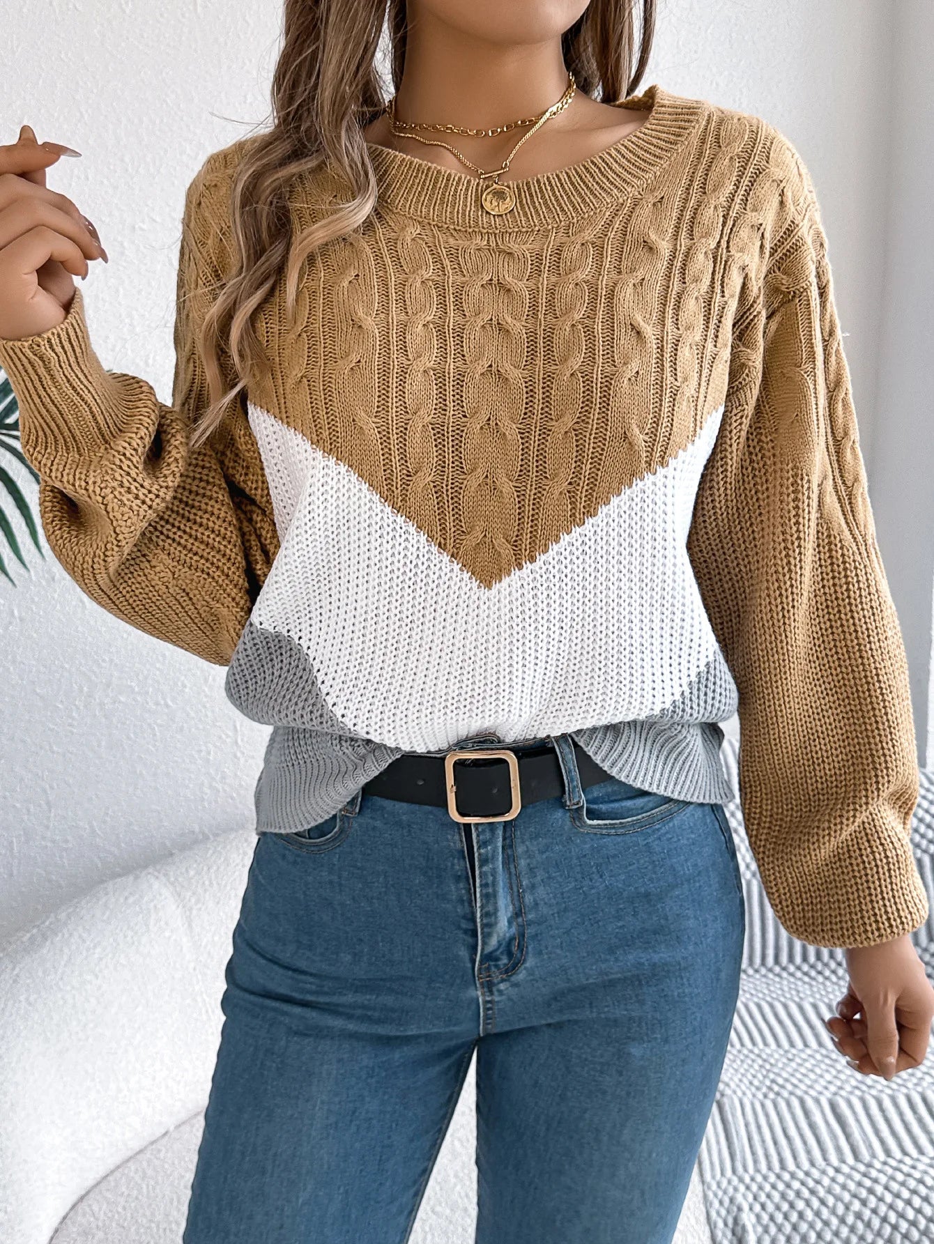 Pullover Lavorato A Maglia Autunno Inverno Color Block Manica Lanterna Collo A O Jersey Donna Elegante