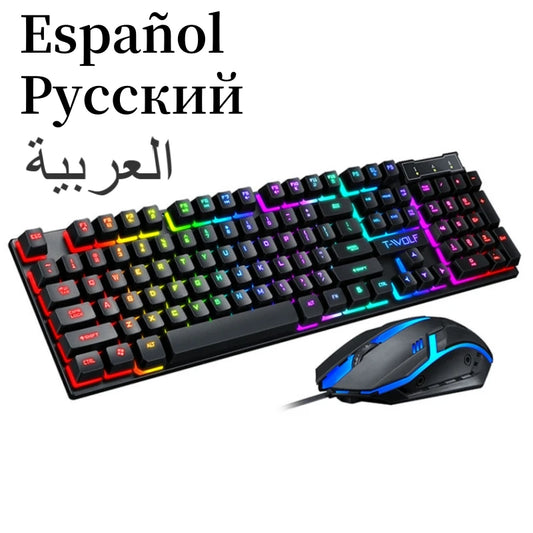 Tastiera spagnola con layout spagnolo Tastiera russa araba Kit mouse Tastiera al 100% Retroilluminazione a colori ISO Ufficio da gioco cablato T20