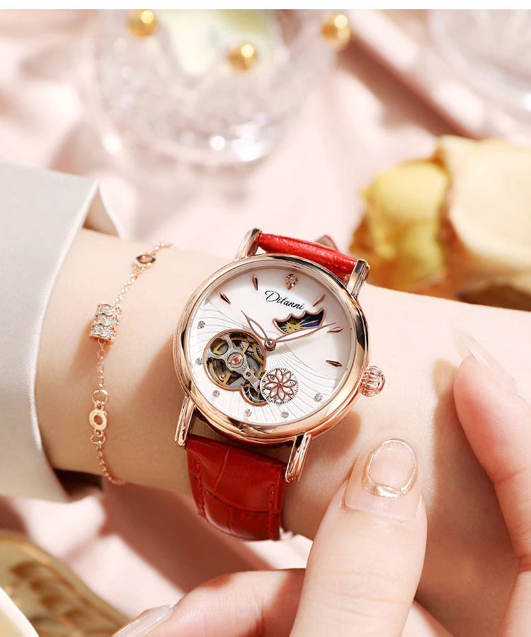 Orologio Da Donna Automatico Impermeabile Con Fasi Lunari E Fiori Girevoli Lusso Di Marca Pregiata