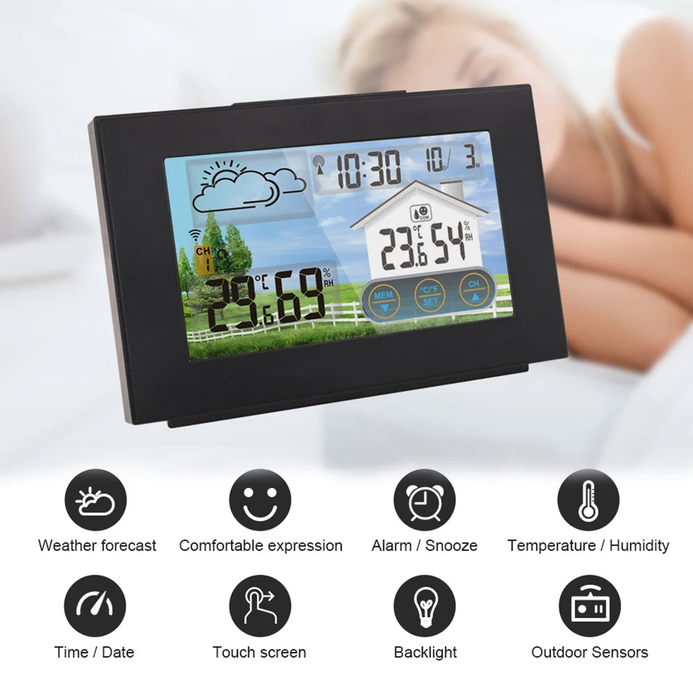 Stazione Meteorologica Multifunzionale Con Sveglia Termometro Igrometro Digitale Schermo Tattile Esterno Wireless