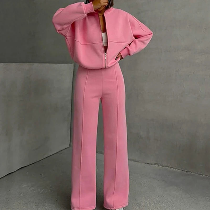 Set Di Tute Da Donna Casual Cardigan Corto Allentato Con Cerniera E Pantaloni Sportivi Con Coulisse Streetwear