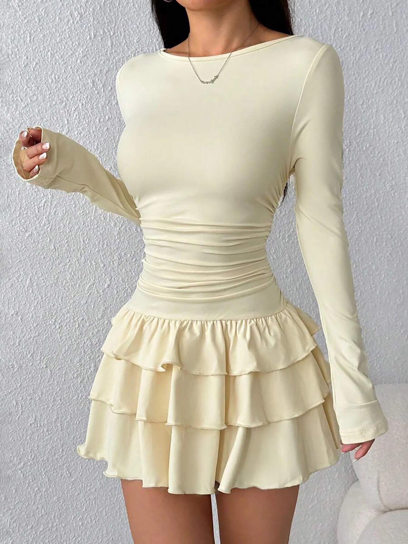 Abito Da Donna Slim Fit Autunno Inverno Midi Vita Alta Empire Tinta Unita Con Increspature E Maniche Svasate