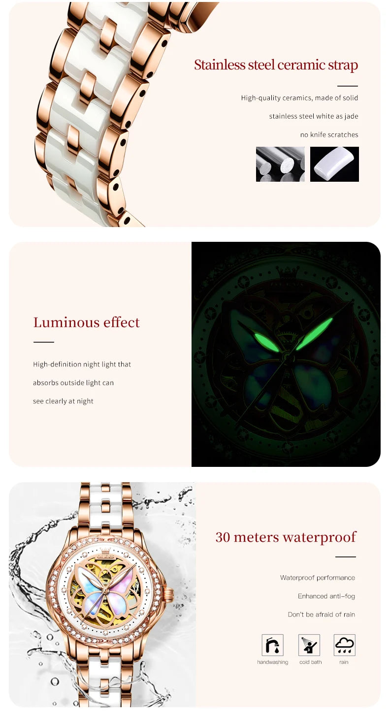 OLEVS Orologio Da Donna Meccanico Automatico In Ceramica Lunetta Originale Impermeabile Luminoso Quadrante A Farfalla