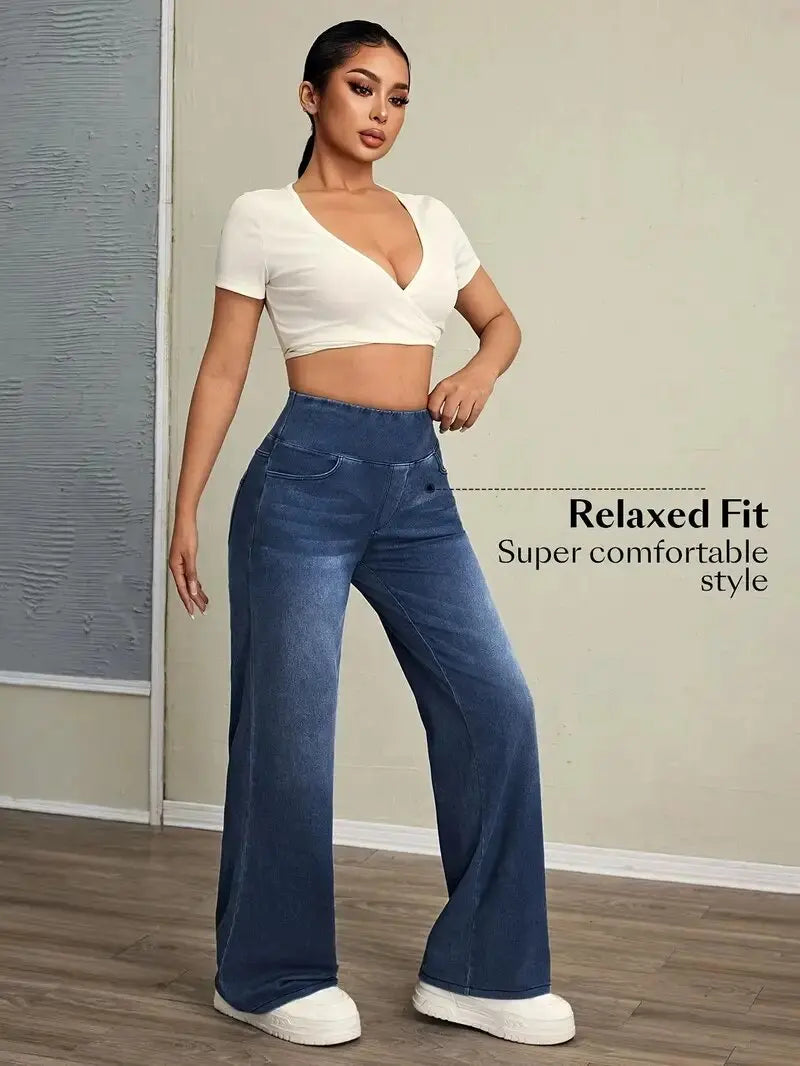 Jeans Da Donna Nuovi Pantaloni A Gamba Dritta Larghi Elasticizzati In Vita Elastica Moda Comodi Transfrontalieri