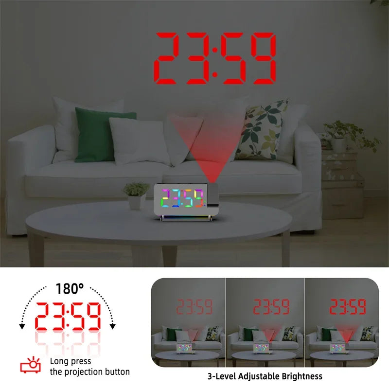 Radio FM a Proiezione 180 Gradi con Sveglia RGB e Luce Notturna 6 Livelli di Luminosità USB Doppia Uscita Orologio LED