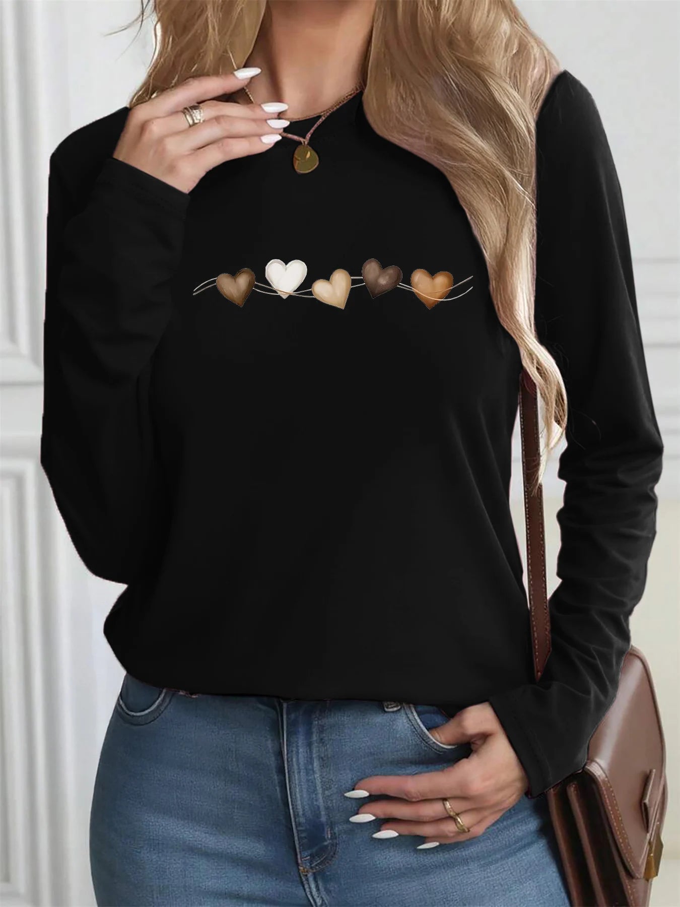 T Shirt Da Donna Autunno Inverno 100 Percento Cotone Con Stampa Cuore Girocollo Maniche Lunghe