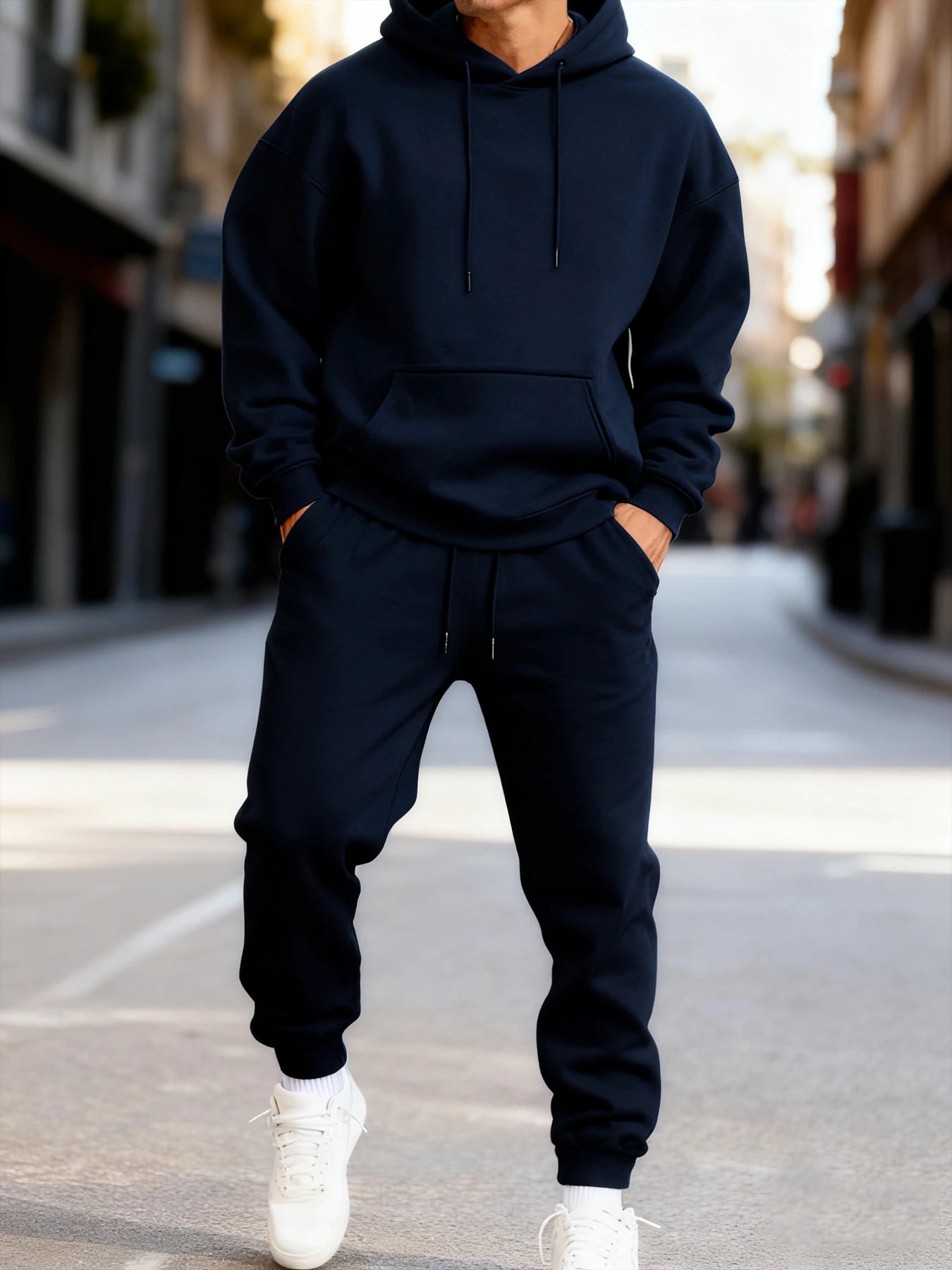 Felpa Con Cappuccio Da Uomo Set Invernale Due Pezzi Tinta Unita Abbigliamento Da Strada Sportivo Casual
