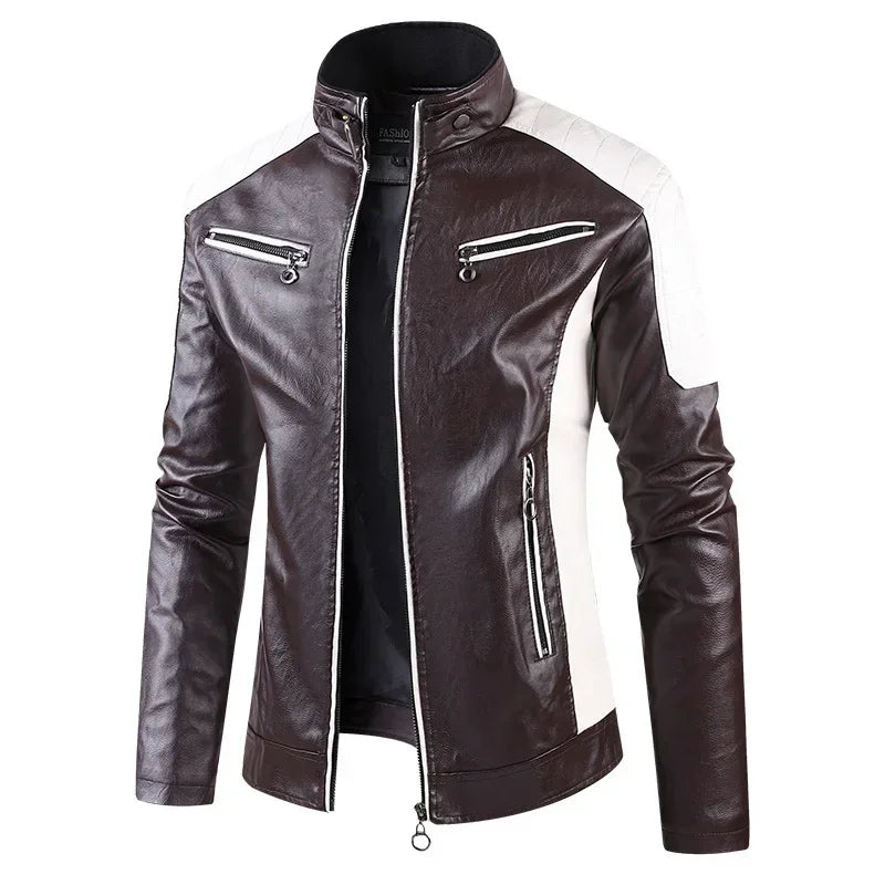 Giacca Da Moto Patchwork Da Uomo In PU Con Colletto Rialzato E Color Blocking Di Alta Qualità