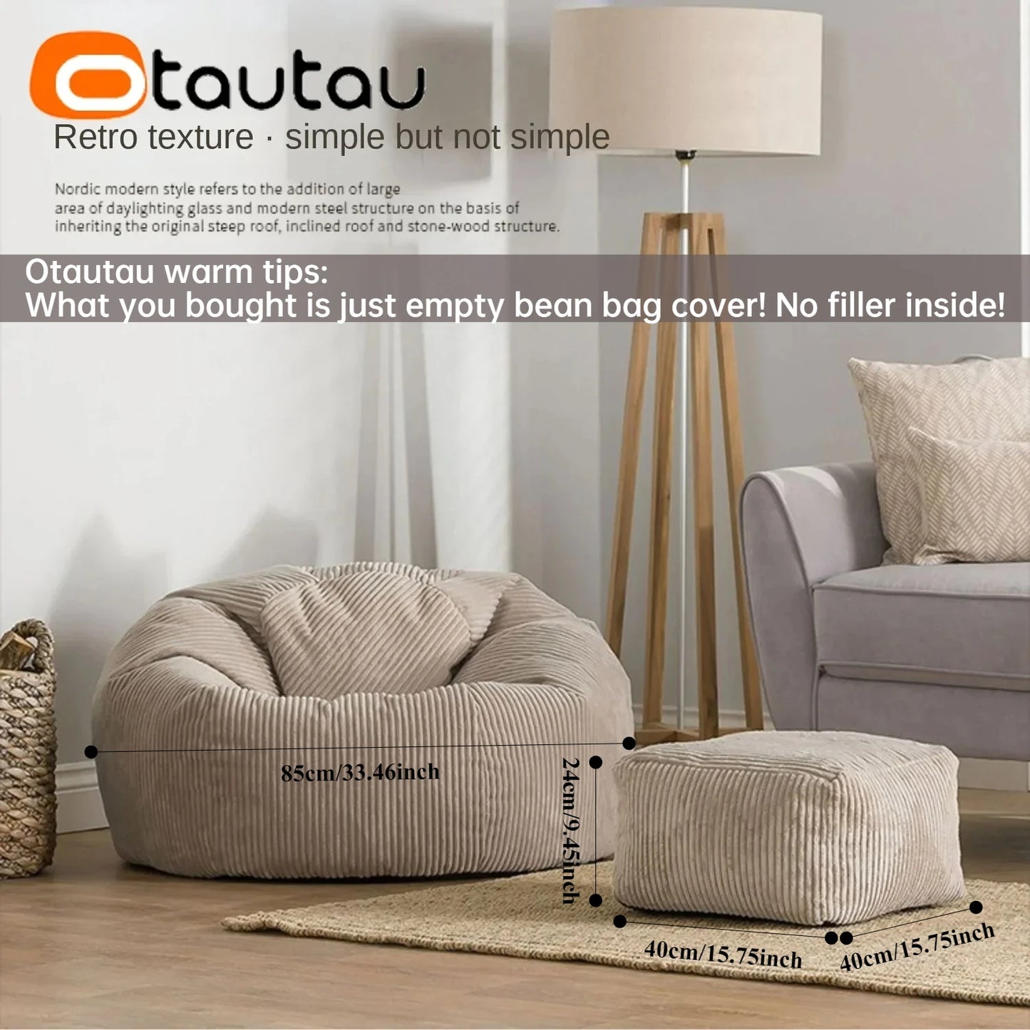 Otautau Pouf In Velluto A Coste Senza Riempitivo Pavimento Beanbag Sedia Lettino Ottomano Mobili Senza Telaio DD025