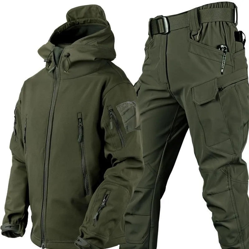 Completo Tattico Mimetico Uomo Giacca Impermeabile Con Cappuccio Zip Pantaloni Softshell Militari Tuta Invernale Pile