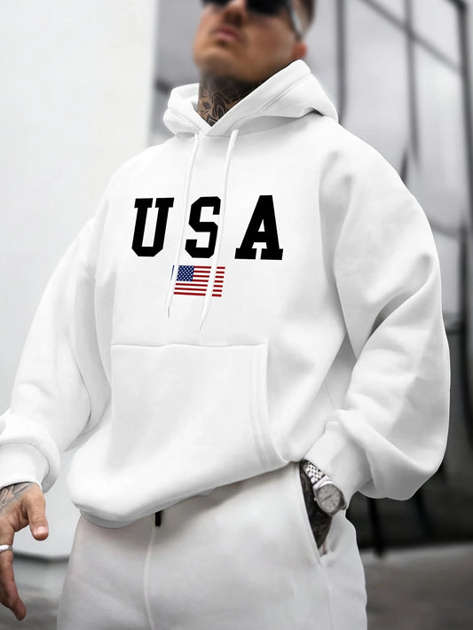 Felpa Con Cappuccio Da Uomo A Maniche Lunghe Con Stampa Grafica Bandiera Americana Allentata Caldo Autunno Inverno