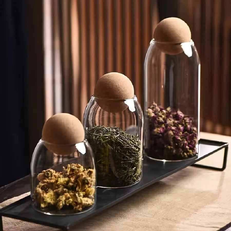 Set Barattoli In Vetro Per Cucina Tre Pezzi Con Coperchio Ermetico In Legno E Sfera Di Sughero Capacità 0,5 1 L Ecologici Decorativi