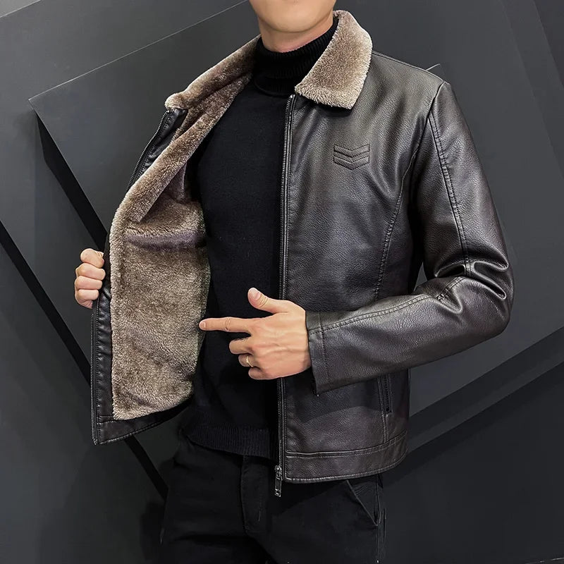 Giacca In Pelle Ispessita Da Uomo Invernale Con Cerniera E Bavero Design Taglie Forti Bomber