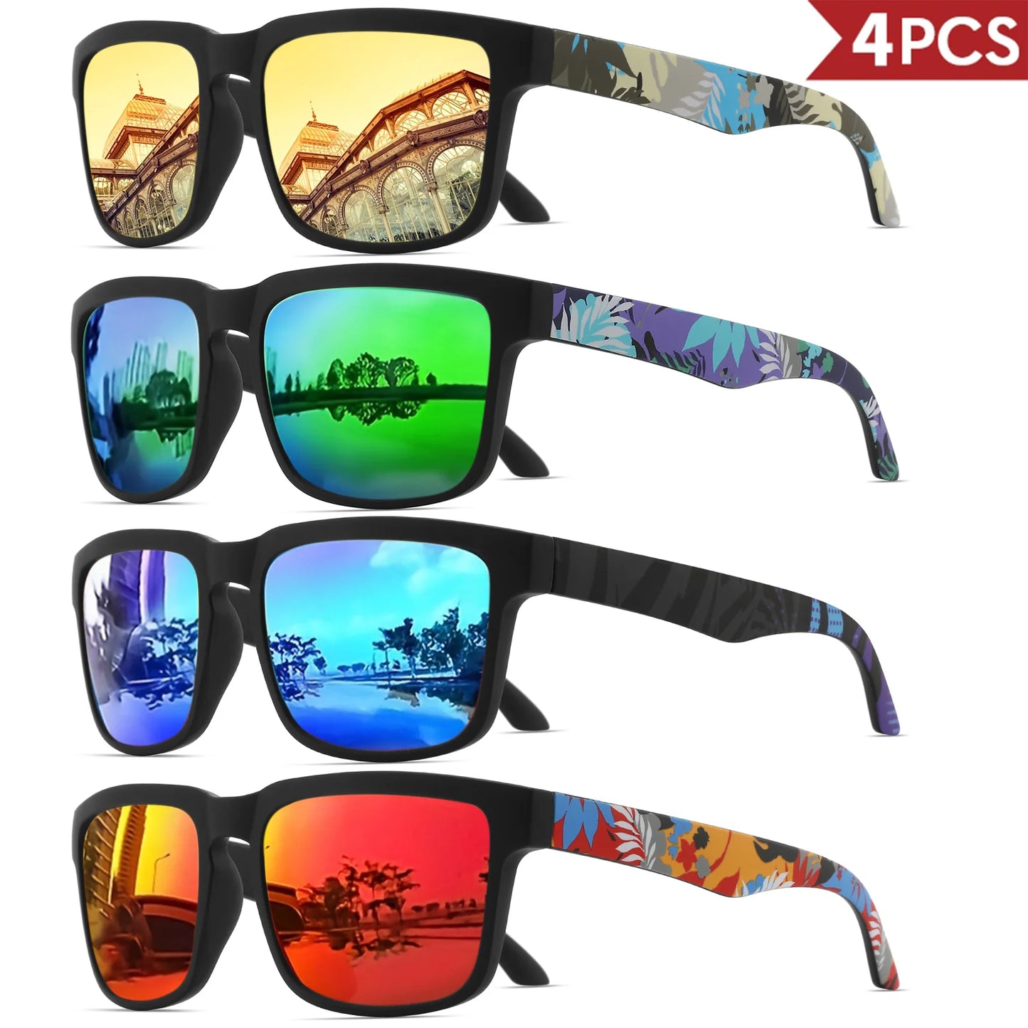Occhiali Da Sole Sportivi Quadrati 4 Pezzi Motivo Tempio Design UV400 Per Uomini E Donne Vacanze Al Mare