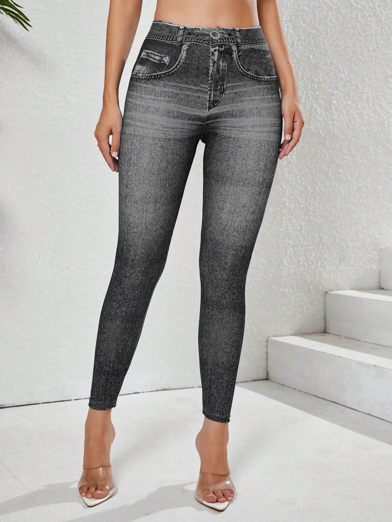 Leggings Denim Imitazione Da Donna Con Tasche Pantaloni Yoga Palestra Comfort Elasticizzati Da Indossare Ogni Giorno