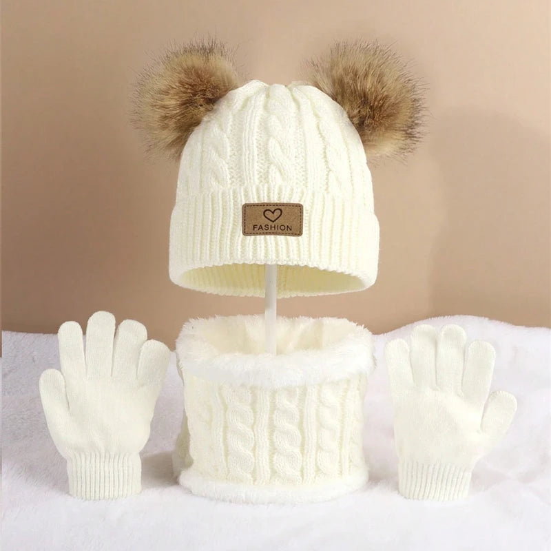 Infinity Set Invernale Per Bambini Berretto Sciarpa Guanti Pom Pom Caldo 1-10 Anni