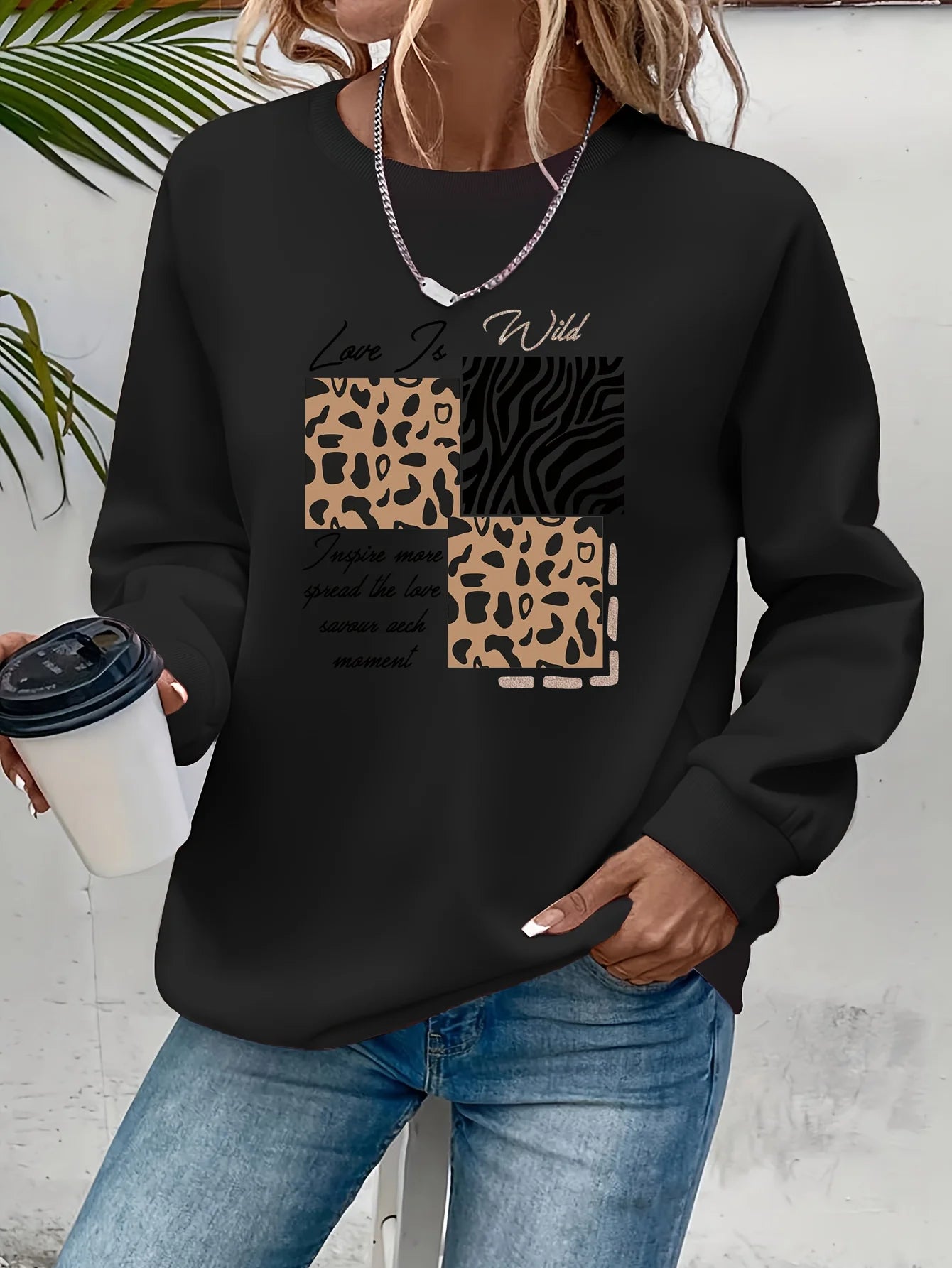 Pullover da Donna Autunno Inverno Casual Ampio con Motivo Gatto Caldo Stampato Girocollo a Maniche Lunghe