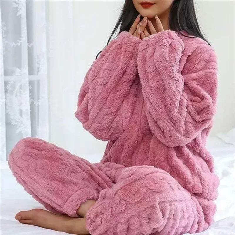 Pigiama Da Donna In Velluto Jacquard Caldo Corallo Morbido Inverno Accogliente Natale Regalo Di San Valentino