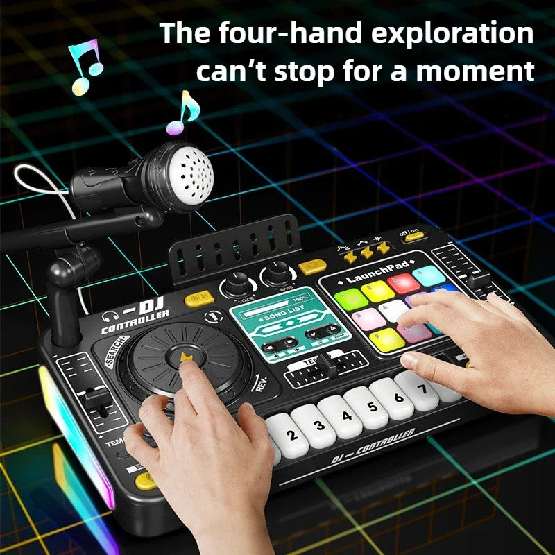 Controller DJ per bambini Mixer giocattolo musicale con microfono Luce a LED Gioco musicale elettronico Giradischi DJ per regali di compleanno per bambini