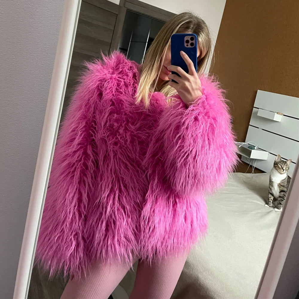 Cappotto Pelliccia Sintetica Rosa Donna Autunno Inverno Elegante Caldo Spesso Morbido Lavorazione A Maglia