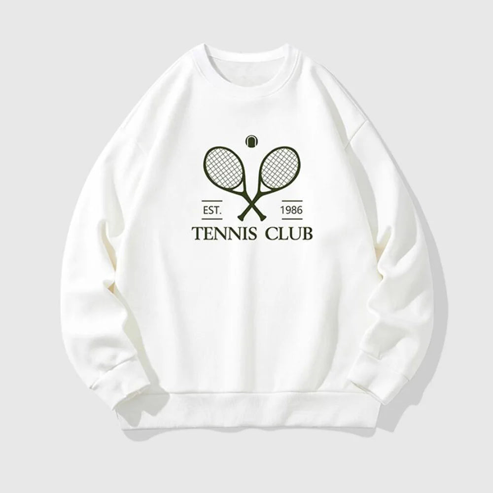 Felpa Larga Bianca Con Stampa Club Da Tennis Stile Vintage Donna Primavera Pullover In Pile A Maniche Lunghe Girocollo
