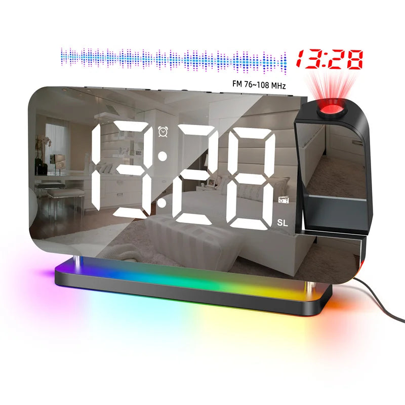 Radio FM a Proiezione 180 Gradi con Sveglia RGB e Luce Notturna 6 Livelli di Luminosità USB Doppia Uscita Orologio LED