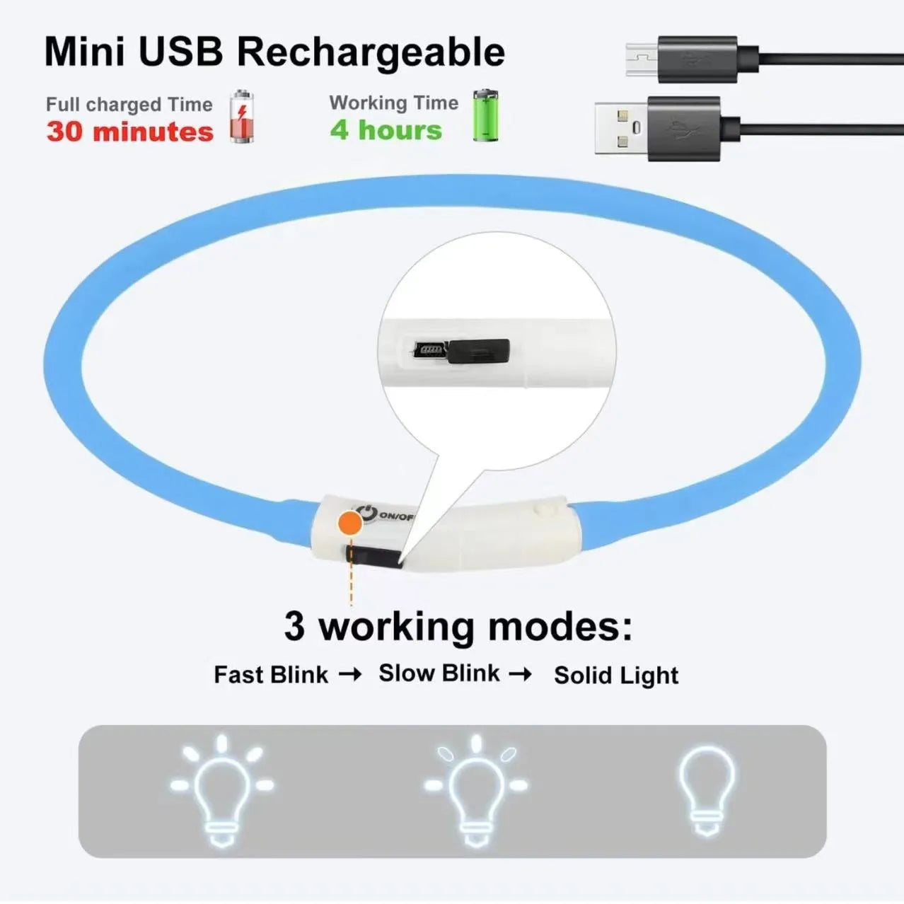Collare Per Cani In Silicone LED Ricaricabile Tre Modalità Luce Lampeggiante Sicurezza Notturna Anti Smarrimento 70 Cm