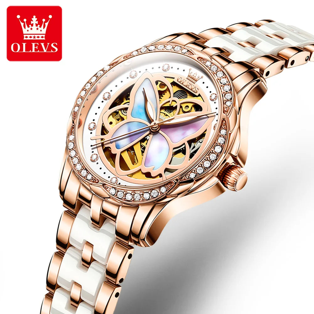 OLEVS Orologio Da Donna Meccanico Automatico In Ceramica Lunetta Originale Impermeabile Luminoso Quadrante A Farfalla