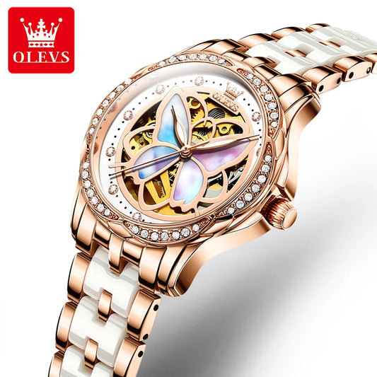OLEVS Orologio Da Donna Meccanico Automatico In Ceramica Lunetta Originale Impermeabile Luminoso Quadrante A Farfalla