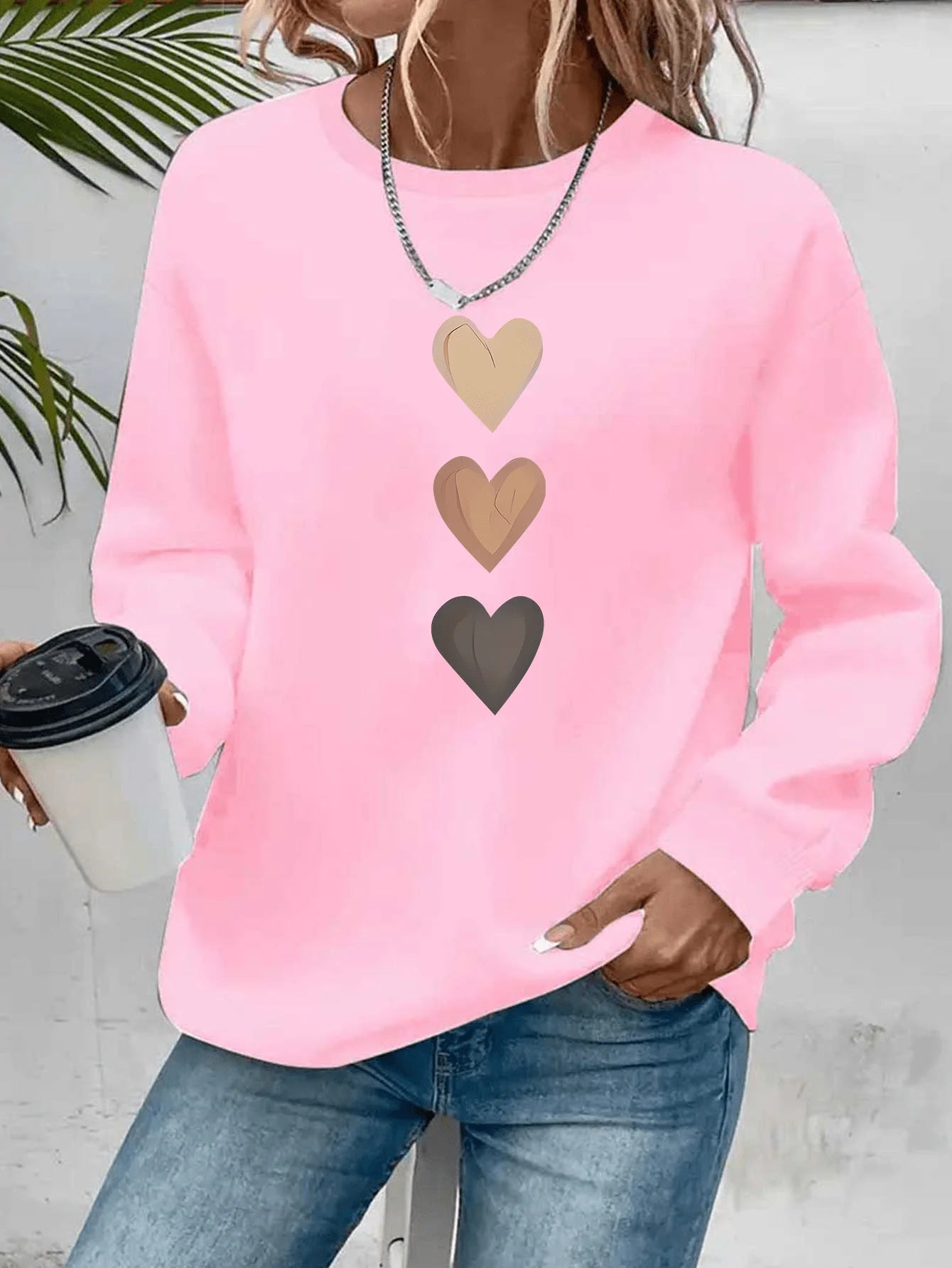 Felpa Donna Con Stampa Cuore Design Geometrico Manica Lunga Girocollo Lavabile In Lavatrice Vestibilità Regolare Autunno