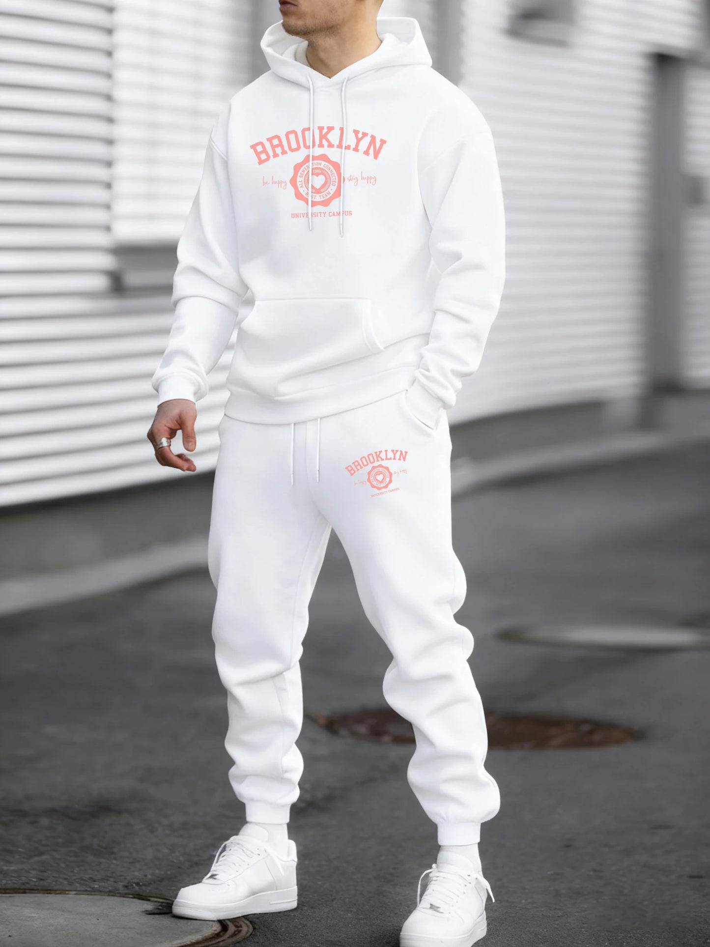 Felpa Con Cappuccio Uomo Heart Print Brooklyn Best Team Autunno Hip Hop Morbido Pile Pantaloni Semplici Sportivi
