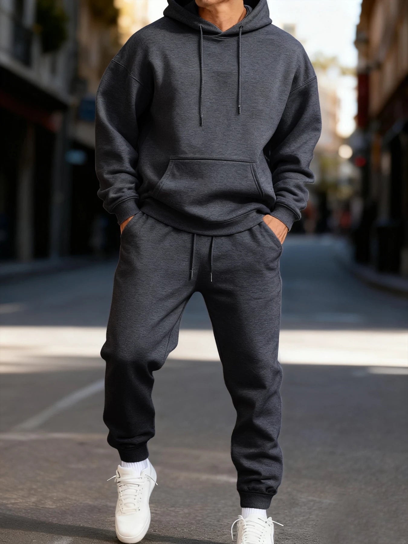 Felpa Con Cappuccio Da Uomo Set Invernale Due Pezzi Tinta Unita Abbigliamento Da Strada Sportivo Casual