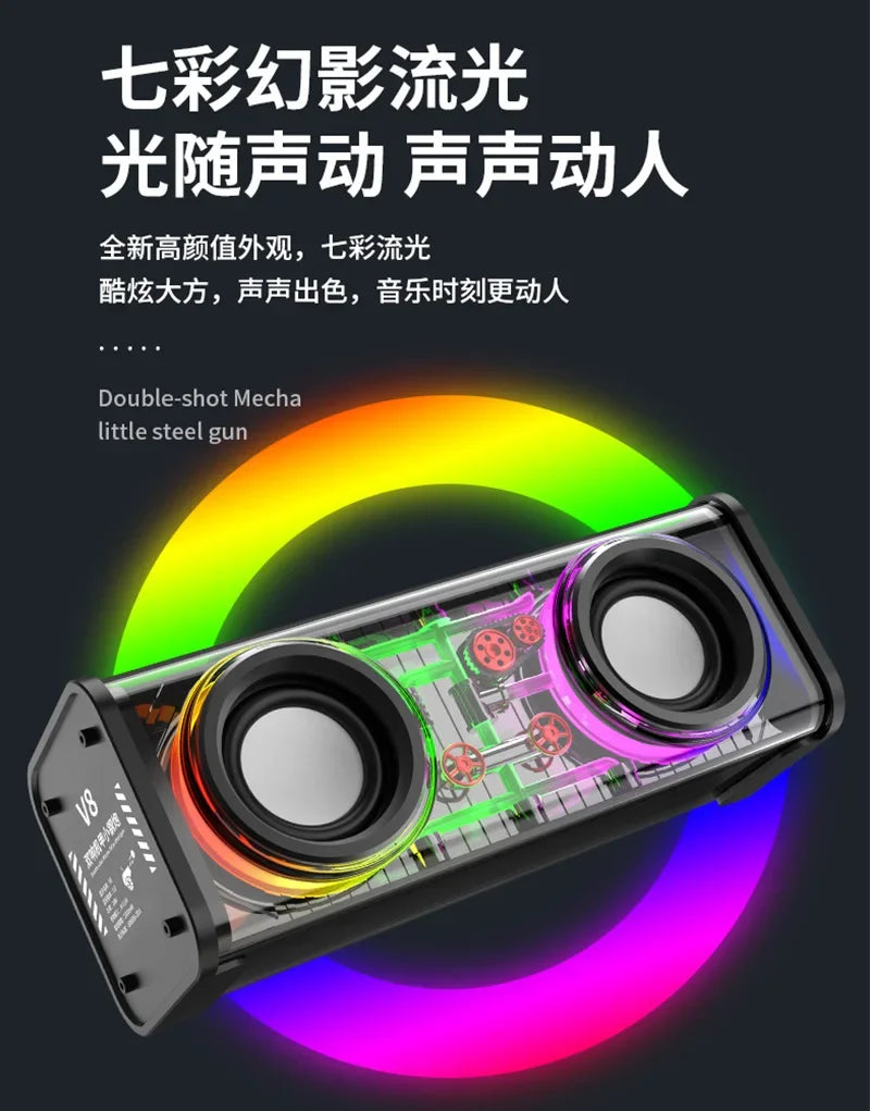 V8 Altoparlanti Mecha Trasparenti Bluetooth 5.0 Mini Wireless Con Diaframma A Doppio Subwoofer Per Festa RGB Light TWS