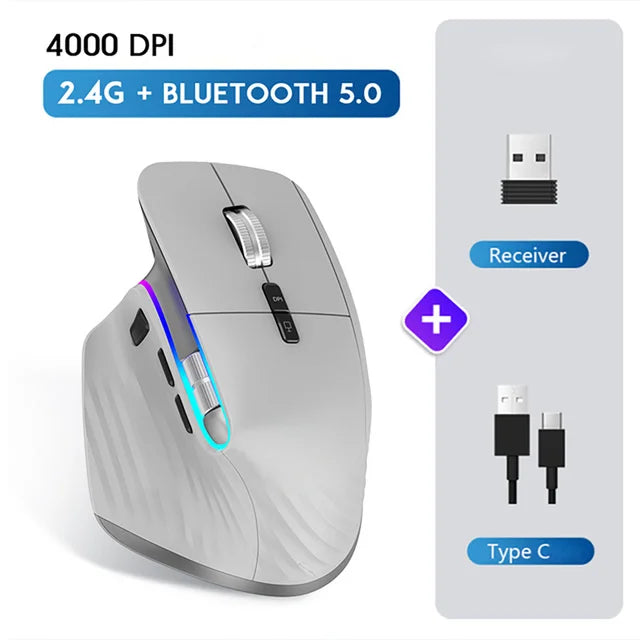Mouse Wireless Multi Dispositivo Bluetooth 5.0 e 3.0 2.4G Ottico Portatile Ergonomico Per Computer Mano Destra