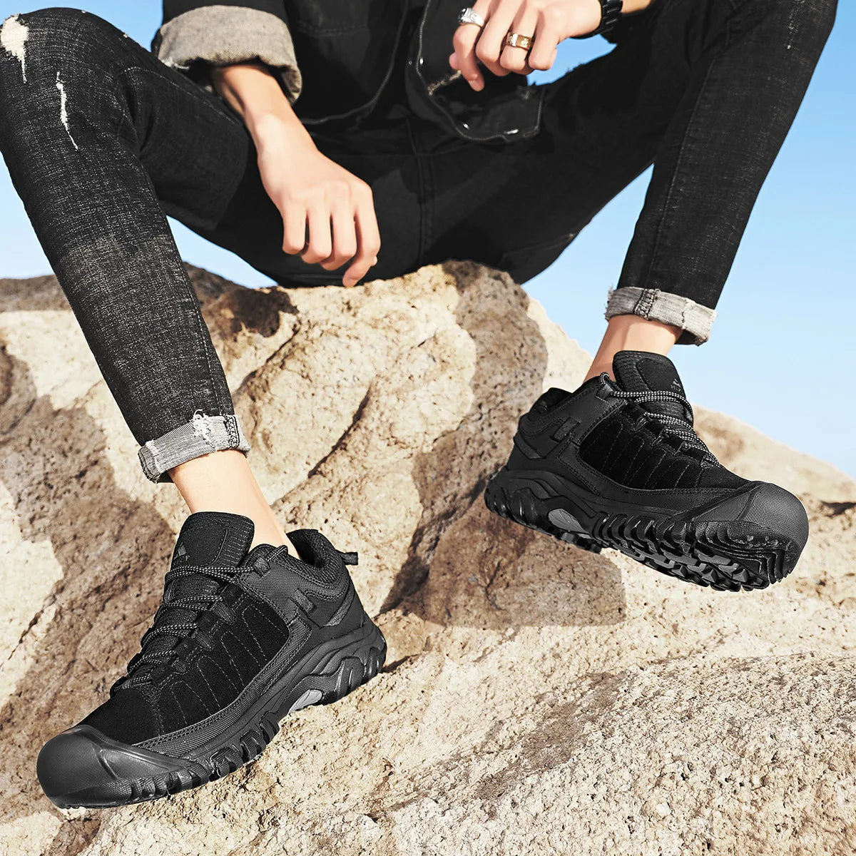 Hikeup Scarpe Trekking Uomo Pelle Alta Qualità Durevoli Esterni Suola Gomma Impermeabile