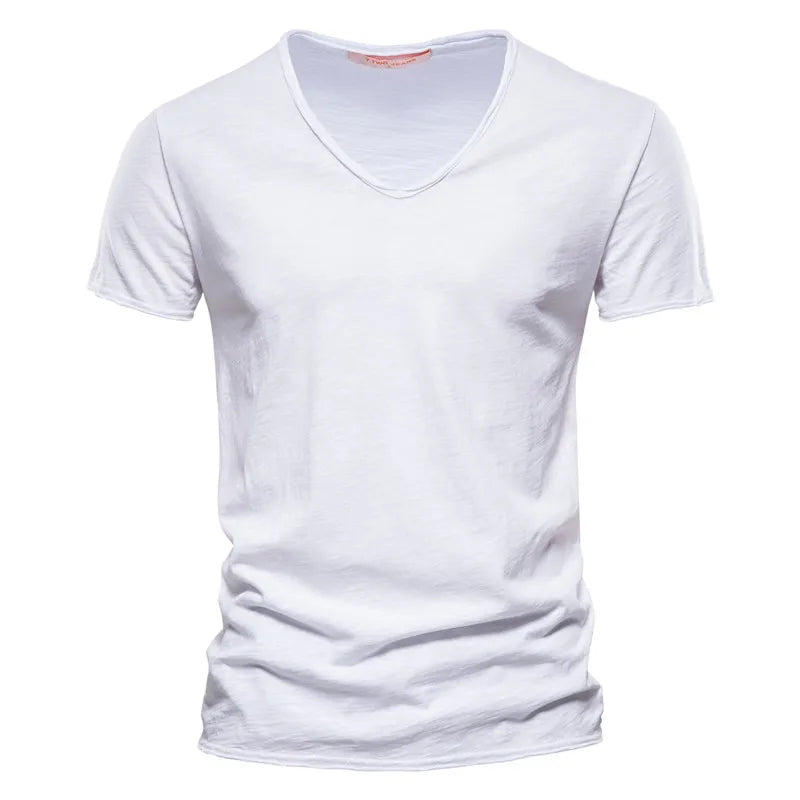 Maglietta Uomo Cotone 100 Percento Con Scollo A V Slim Fit Colore Solido Manica Corta