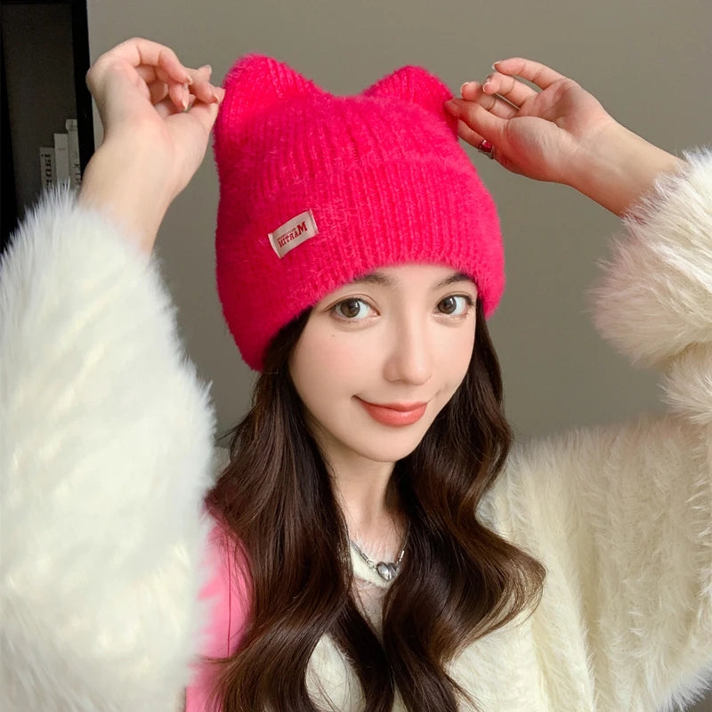 Cappello Invernale Femminile con Orecchie da Gatto Pelliccia Sintetica Lavorato a Maglia Stile Kpop Morbido Berretto