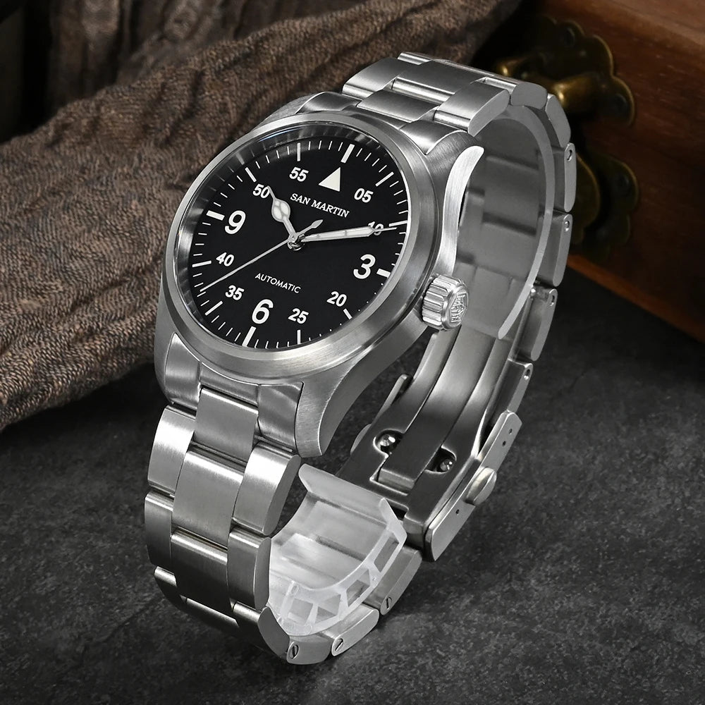 Orologio Da Pilota Da Uomo San Martin 37mm Meccanico Automatico 100m Impermeabile Stile Militari BGW 9