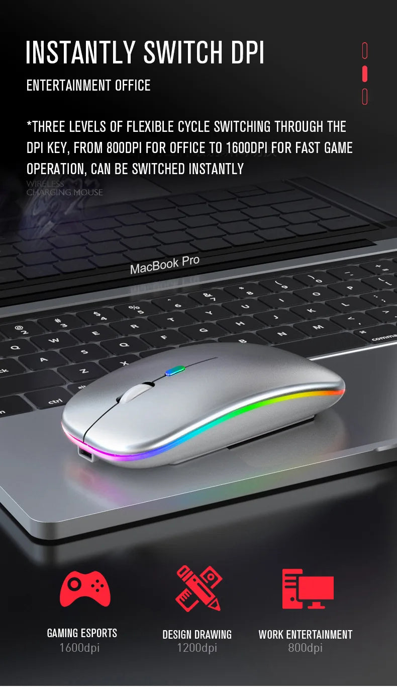 Mouse Wireless Bluetooth Ricaricabile USB RGB 1600 DPI 2,4 GHz Per PC Laptop Tablet MacBook Gaming