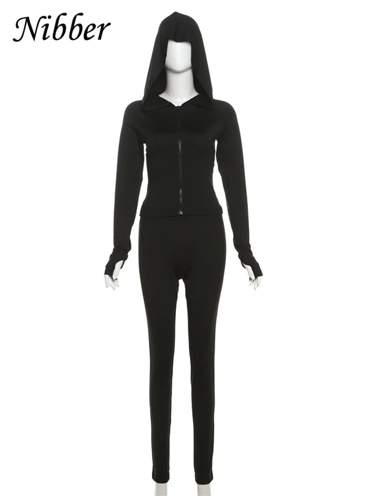 Nibber Sportivo Casual Tuta 2 Pezzi Donna Con Cappuccio Zip Crop Top E Leggings Fitness Morbide Stretch Streetwear