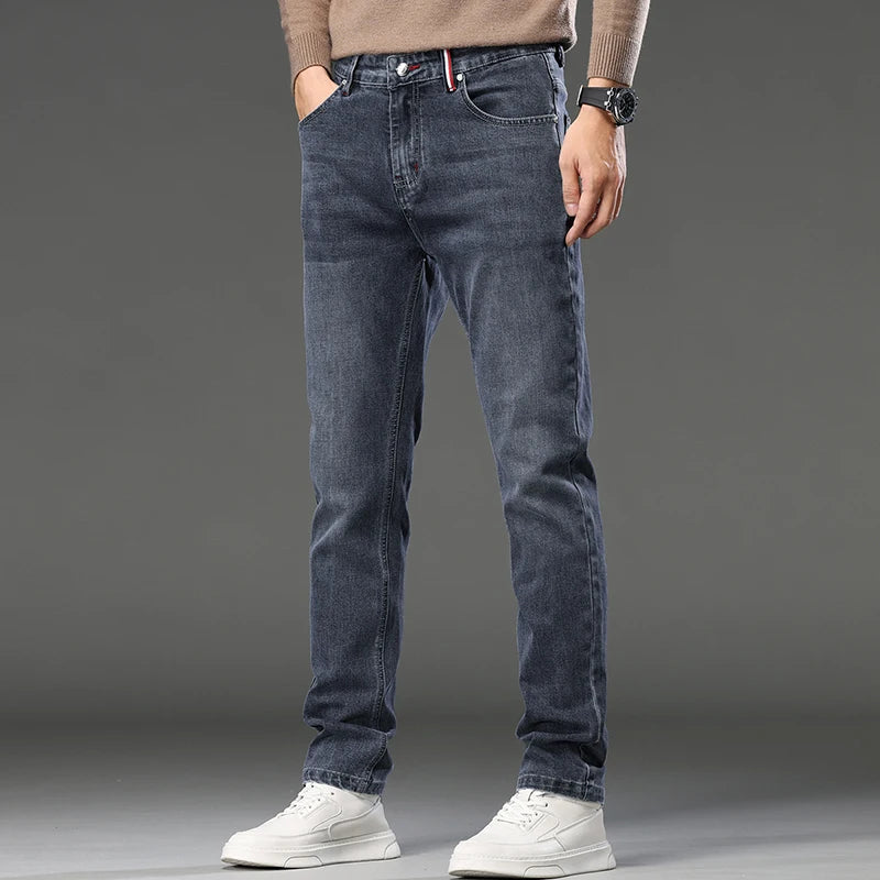 Jeans Uomo Slim Fit A Gamba Dritta Stile Europeo Pantaloni Lunghi Elasticizzati Casual Da Lavoro Versatili