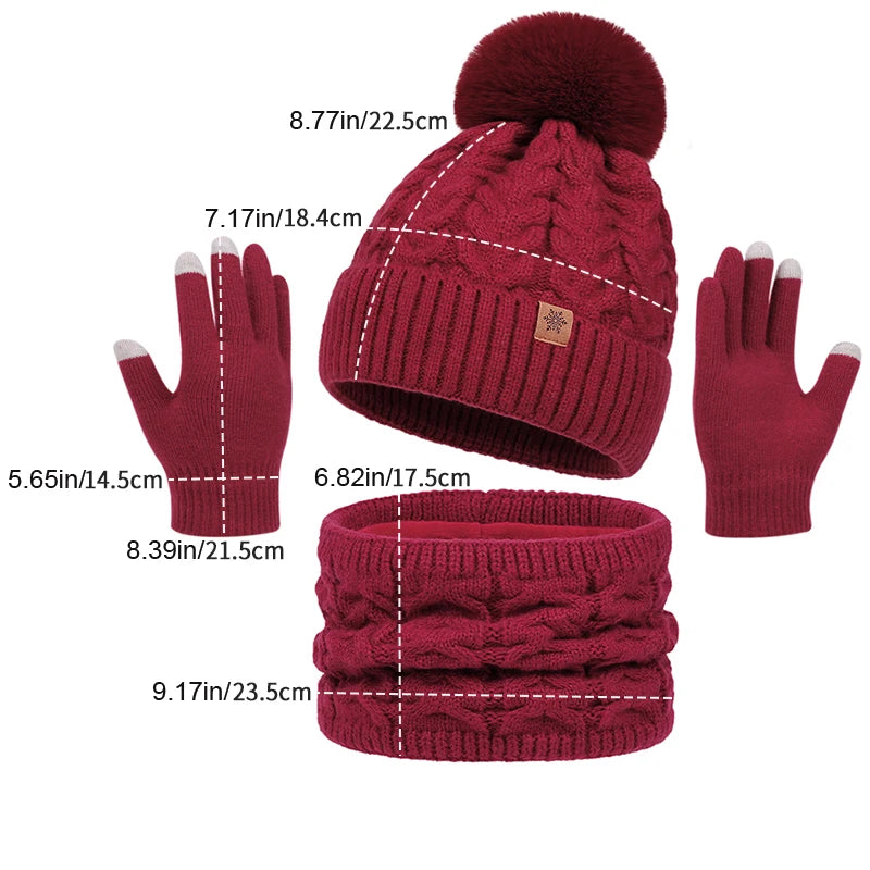 Set Cappello Invernale Donna Sciarpa Guanti Con Pompon Pelo Lavorato A Maglia Per Ragazze Adolescenti