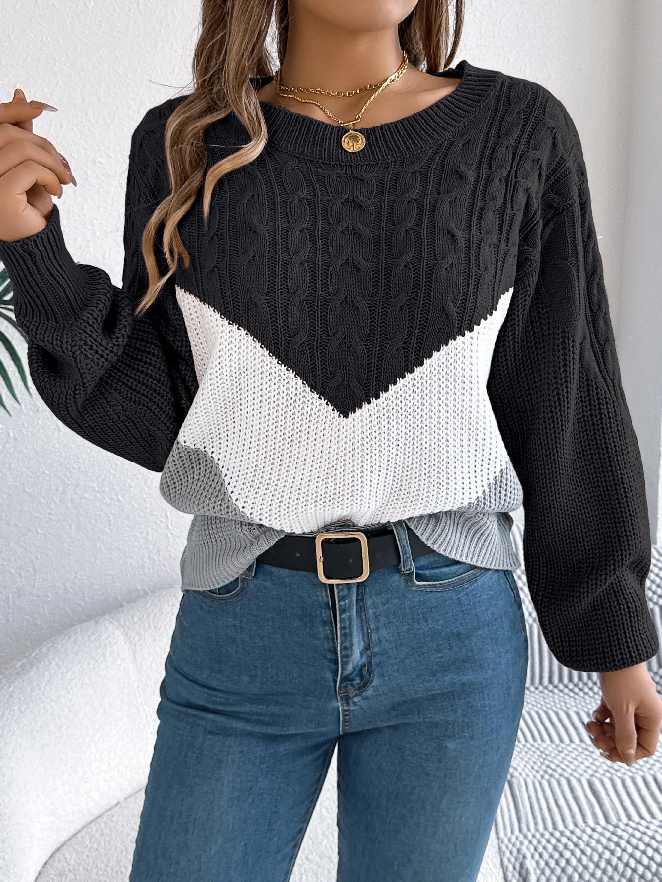 Pullover Lavorato A Maglia Autunno Inverno Color Block Manica Lanterna Collo A O Jersey Donna Elegante
