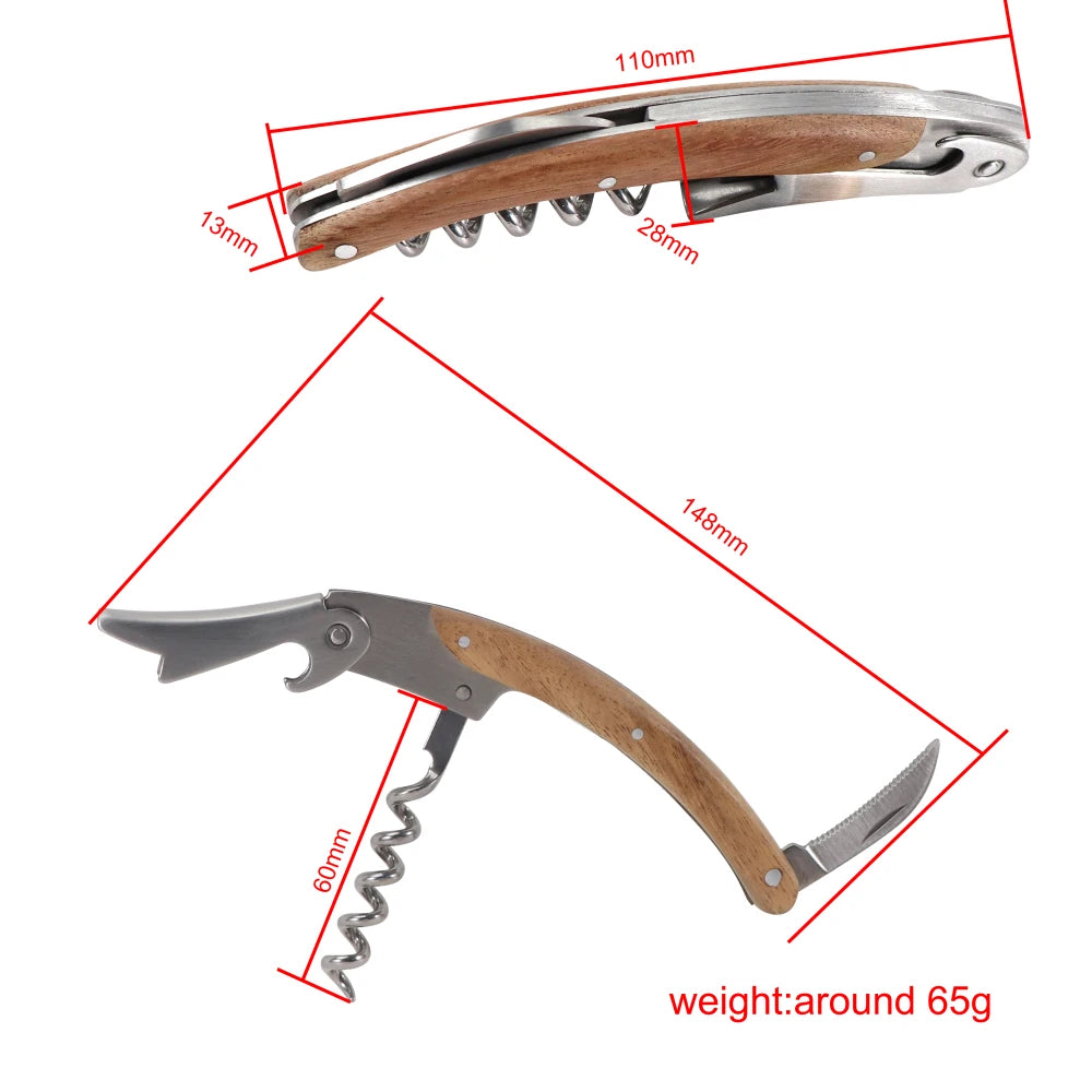 Set Apribottiglie in Legno Naturale 1 2 o 4 Pezzi Cavatappi Micro Serrato con Coltello Affilato per Vino e Birra