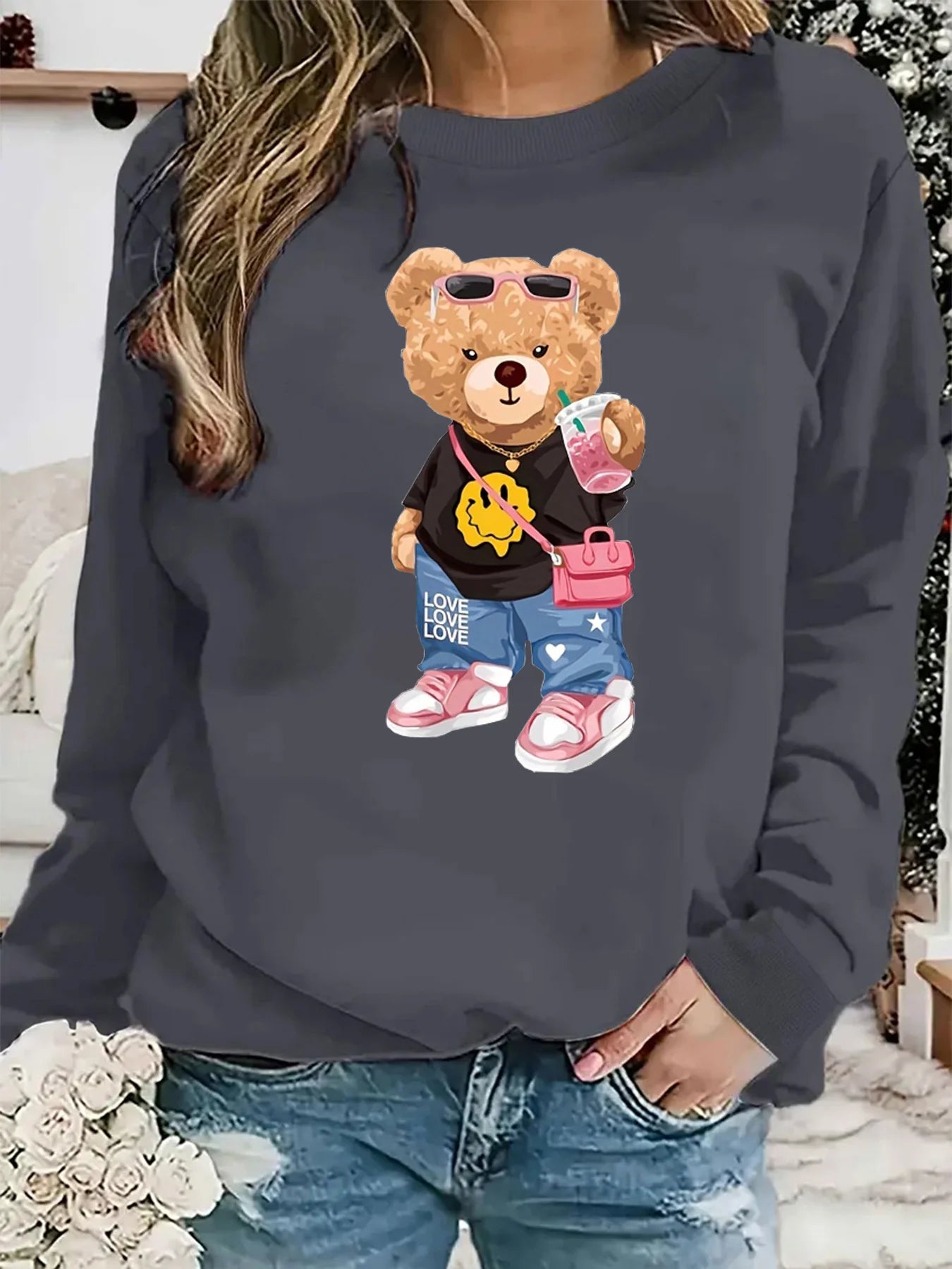 Pullover Da Donna A Maniche Lunghe Con Collo Rotondo E Stampa Di Orsi Caldi, Largo E Comodo, Moda Autunno Inverno